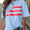 Clearance Dear-Lover Flag Bow Graphic Crewneck Tee Myosotis
