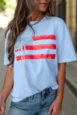 Clearance Dear-Lover Flag Bow Graphic Crewneck Tee Myosotis