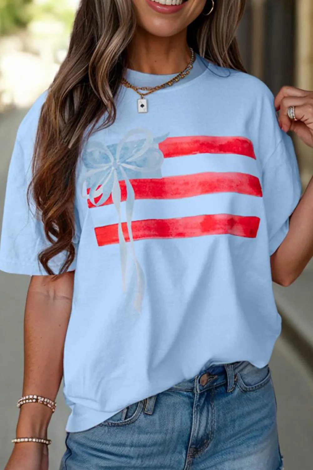 Clearance Dear-Lover Flag Bow Graphic Crewneck Tee Myosotis