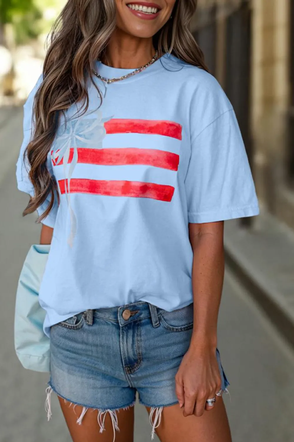 Clearance Dear-Lover Flag Bow Graphic Crewneck Tee Myosotis