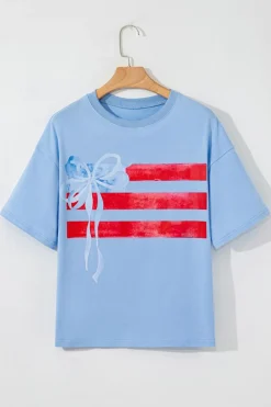 Clearance Dear-Lover Flag Bow Graphic Crewneck Tee Myosotis