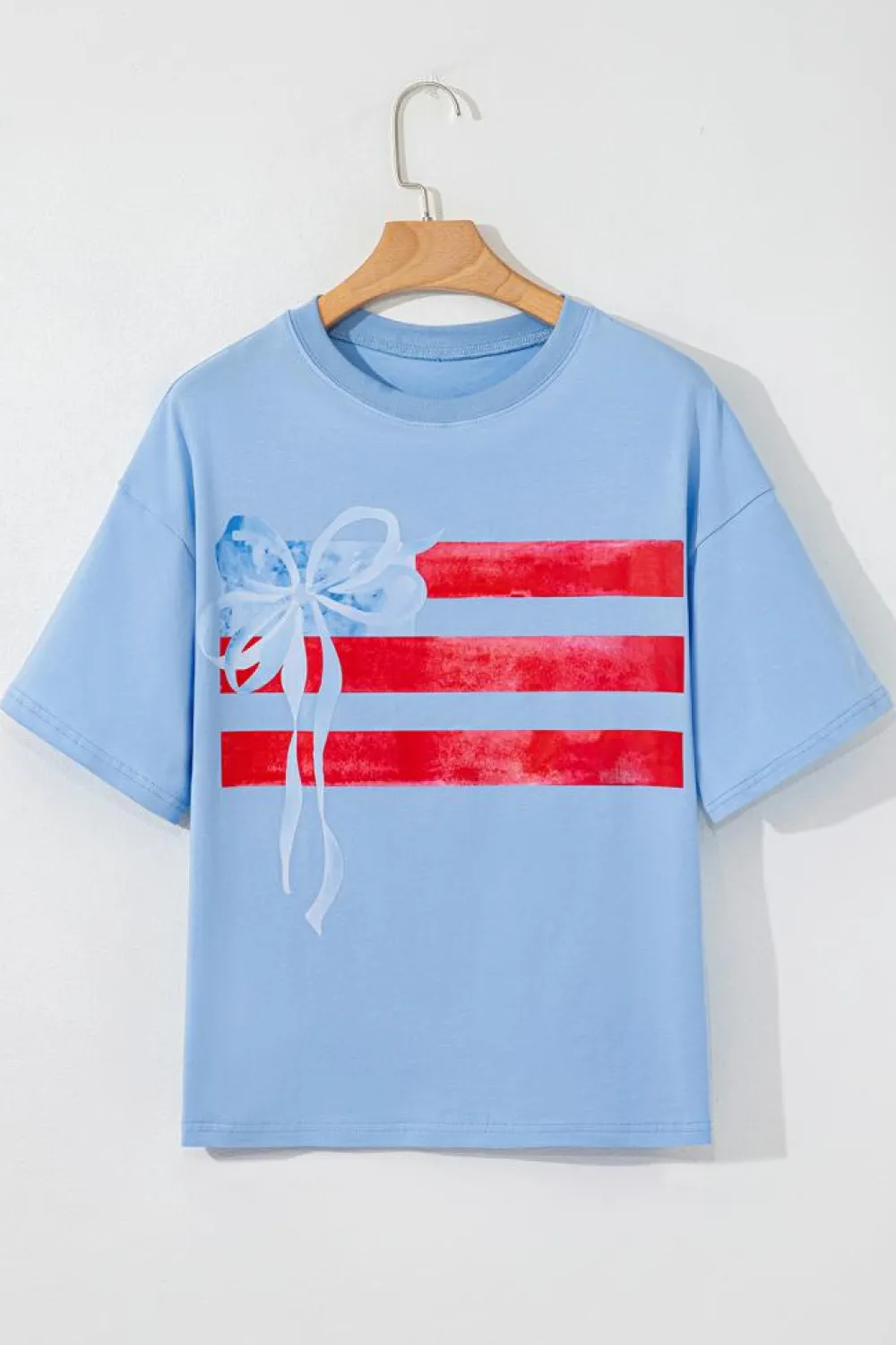 Clearance Dear-Lover Flag Bow Graphic Crewneck Tee Myosotis