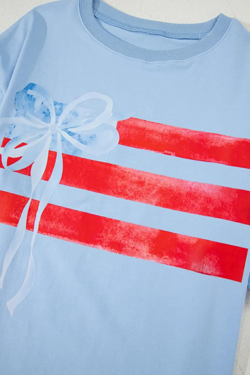 Clearance Dear-Lover Flag Bow Graphic Crewneck Tee Myosotis