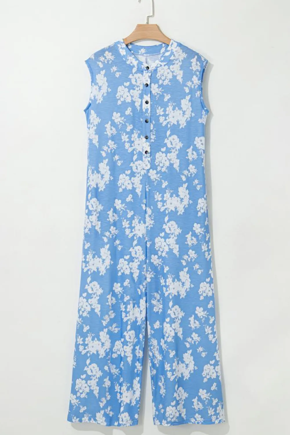 Fashion Dear-Lover Floral Print Half Button Wide Leg Relaxed Sleeveless Jumpsuit Myosotis