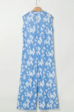 Fashion Dear-Lover Floral Print Half Button Wide Leg Relaxed Sleeveless Jumpsuit Myosotis