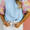 New Dear-Lover Floral Puff Short Sleeve Ruffled Collar Button Back Top Myosotis