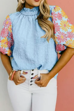 New Dear-Lover Floral Puff Short Sleeve Ruffled Collar Button Back Top Myosotis