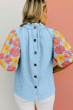 New Dear-Lover Floral Puff Short Sleeve Ruffled Collar Button Back Top Myosotis