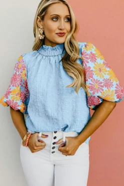 New Dear-Lover Floral Puff Short Sleeve Ruffled Collar Button Back Top Myosotis