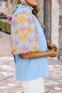 New Dear-Lover Floral Puff Short Sleeve Ruffled Collar Button Back Top Myosotis
