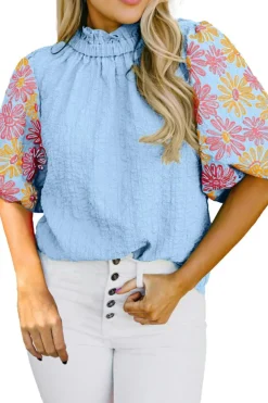 New Dear-Lover Floral Puff Short Sleeve Ruffled Collar Button Back Top Myosotis