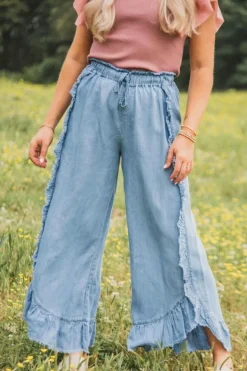 Fashion Dear-Lover Light Wash Raw Hem Ruffled Wide Leg Jeans Myosotis