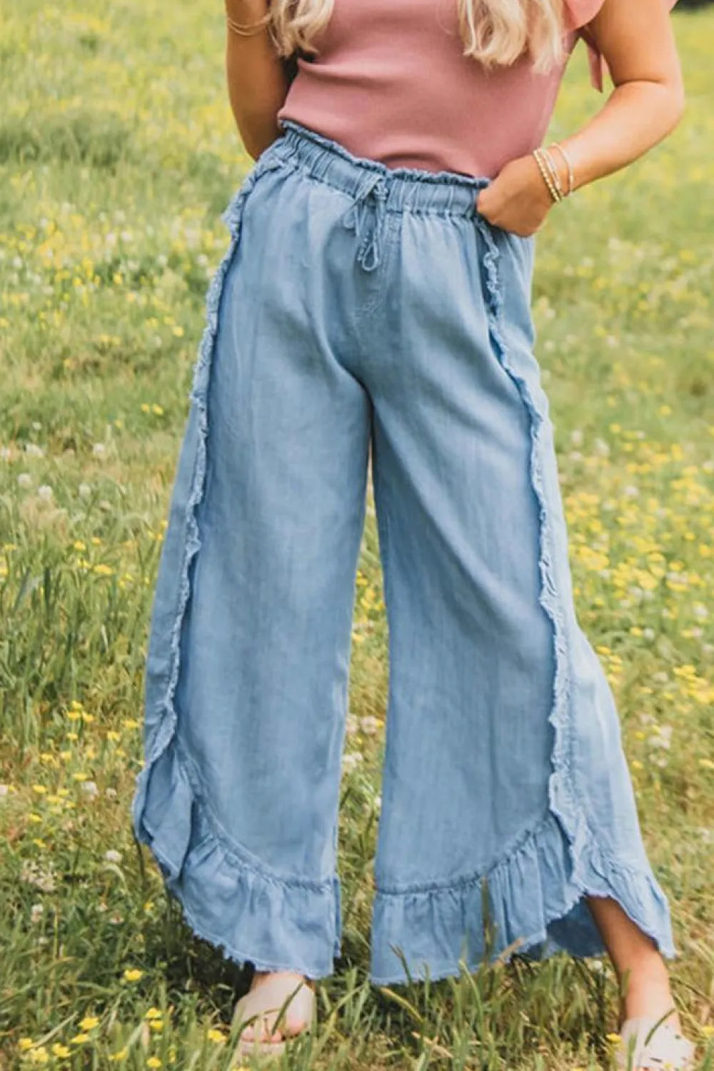 Fashion Dear-Lover Light Wash Raw Hem Ruffled Wide Leg Jeans Myosotis