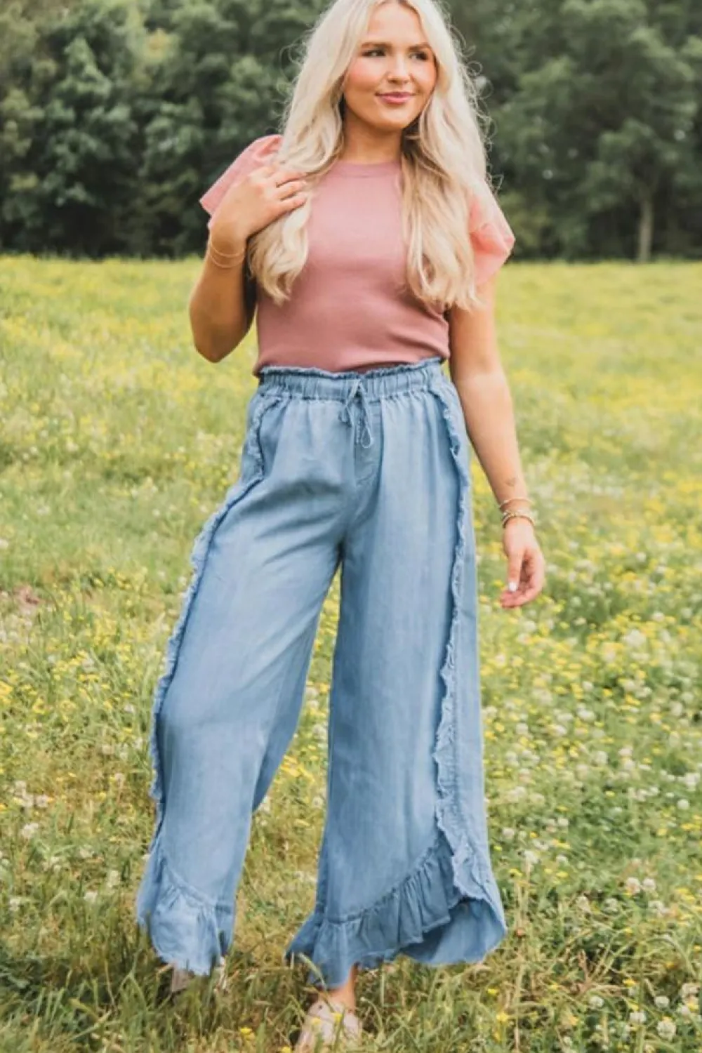 Fashion Dear-Lover Light Wash Raw Hem Ruffled Wide Leg Jeans Myosotis