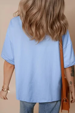 Clearance Dear-Lover Loose Half Sleeve Hi Low Hem T Shirt Myosotis