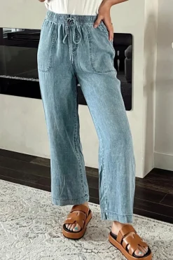 Outlet Dear-Lover Mineral Wash Drawstring Waist Loose Straight Denim Pants Myosotis