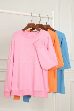 Discount Dear-Lover Pearled Sleeves Drop Shoulder Round Neck Pullover Sweatshirt Myosotis