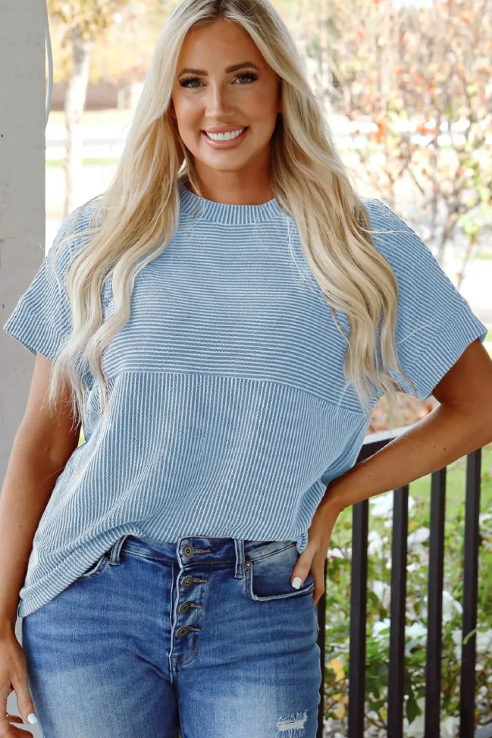 Fashion Dear-Lover Plain Corded Knit Mock Neck T Shirt Myosotis