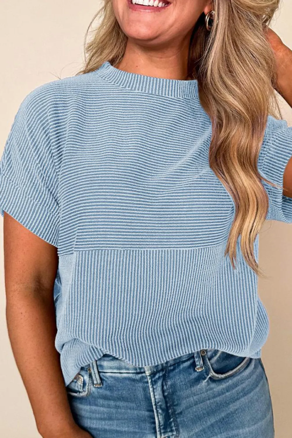 Fashion Dear-Lover Plain Corded Knit Mock Neck T Shirt Myosotis