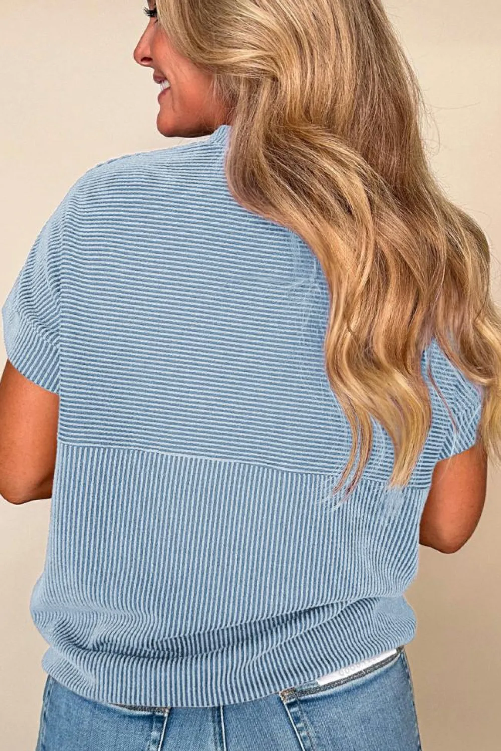 Fashion Dear-Lover Plain Corded Knit Mock Neck T Shirt Myosotis