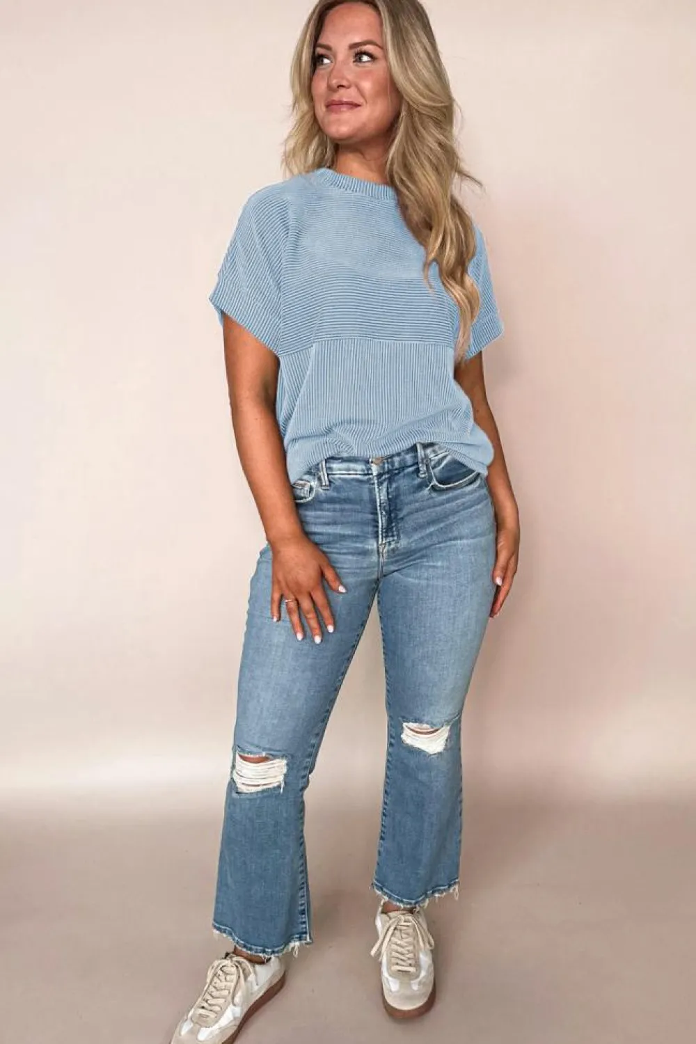 Fashion Dear-Lover Plain Corded Knit Mock Neck T Shirt Myosotis