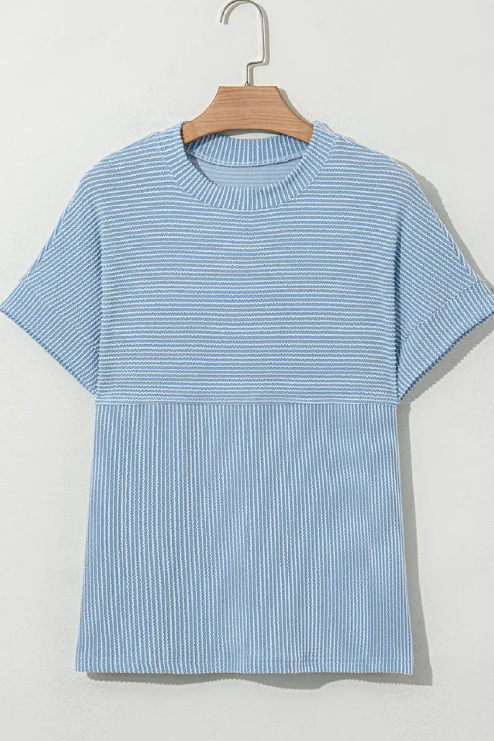Fashion Dear-Lover Plain Corded Knit Mock Neck T Shirt Myosotis