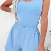 Clearance Dear-Lover Plain Sleeveless Loop Drawstring Cinched Waist Romper Myosotis