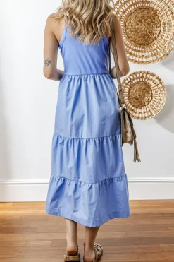 Clearance Dear-Lover Ribbed Vest Patchwork Tiered Midi Dress with Pockets Myosotis