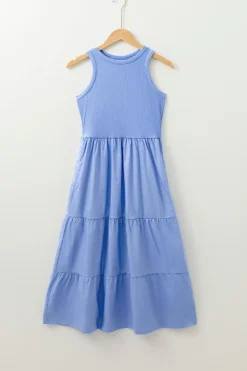 Clearance Dear-Lover Ribbed Vest Patchwork Tiered Midi Dress with Pockets Myosotis