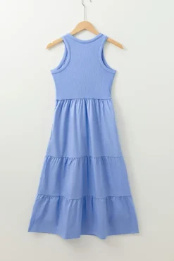 Clearance Dear-Lover Ribbed Vest Patchwork Tiered Midi Dress with Pockets Myosotis