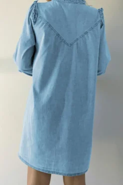 Sale Dear-Lover Ruffled V Neck Buttoned Shift Denim Dress Myosotis