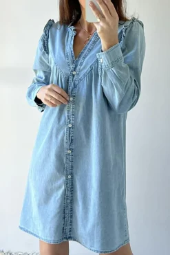 Sale Dear-Lover Ruffled V Neck Buttoned Shift Denim Dress Myosotis