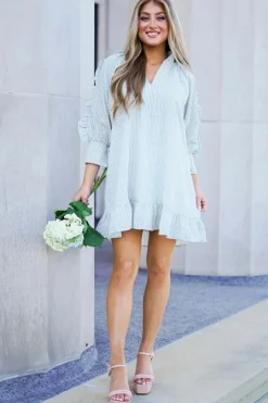 Clearance Dear-Lover Seersucker Ruffled Puff Sleeve Stand Neck Mini Dress Myosotis