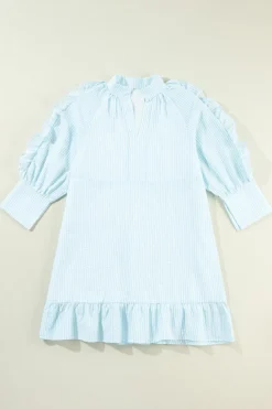 Clearance Dear-Lover Seersucker Ruffled Puff Sleeve Stand Neck Mini Dress Myosotis