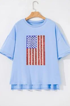 Sale Dear-Lover Sequined American Flag Dropped Shoulder T Shirt Myosotis