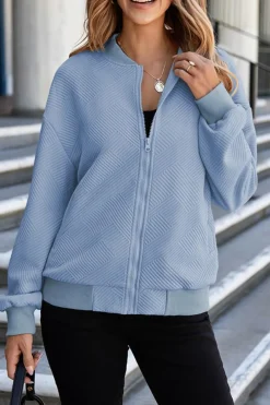 Fashion Dear-Lover Solid Textured Stand Neck Zipper Bomber Jacket Myosotis
