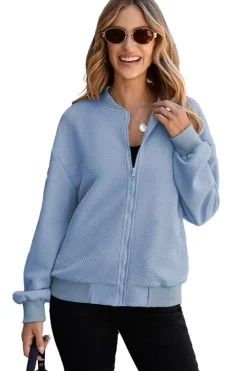 Fashion Dear-Lover Solid Textured Stand Neck Zipper Bomber Jacket Myosotis
