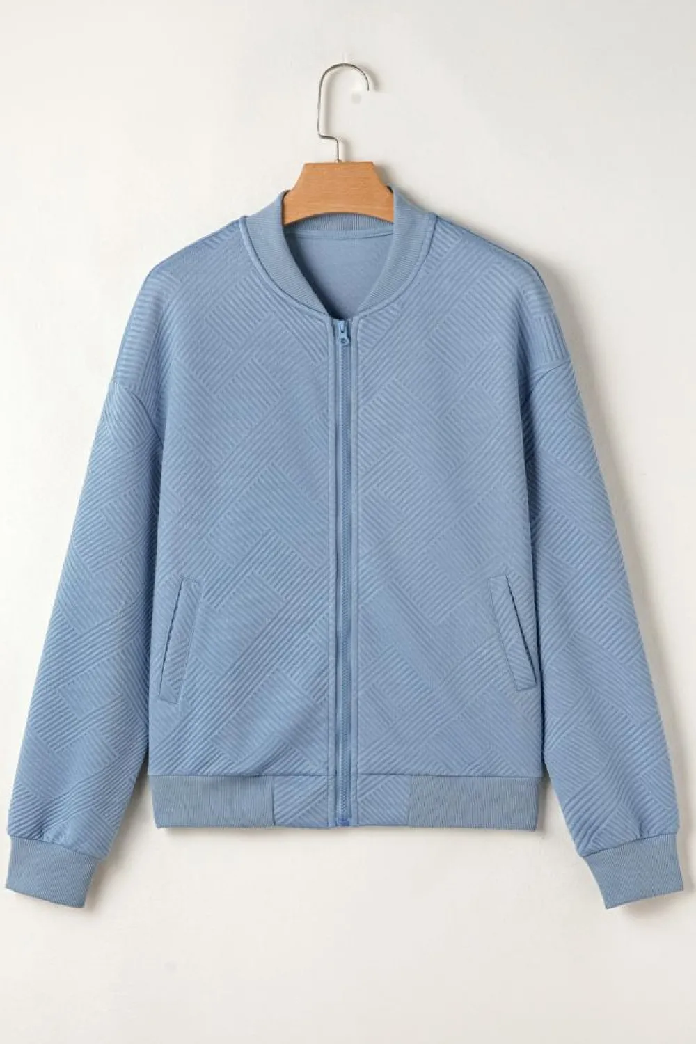 Fashion Dear-Lover Solid Textured Stand Neck Zipper Bomber Jacket Myosotis