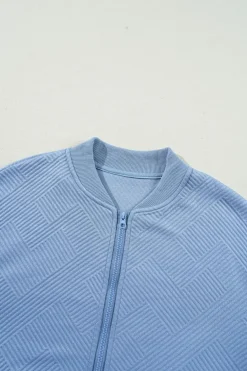 Fashion Dear-Lover Solid Textured Stand Neck Zipper Bomber Jacket Myosotis