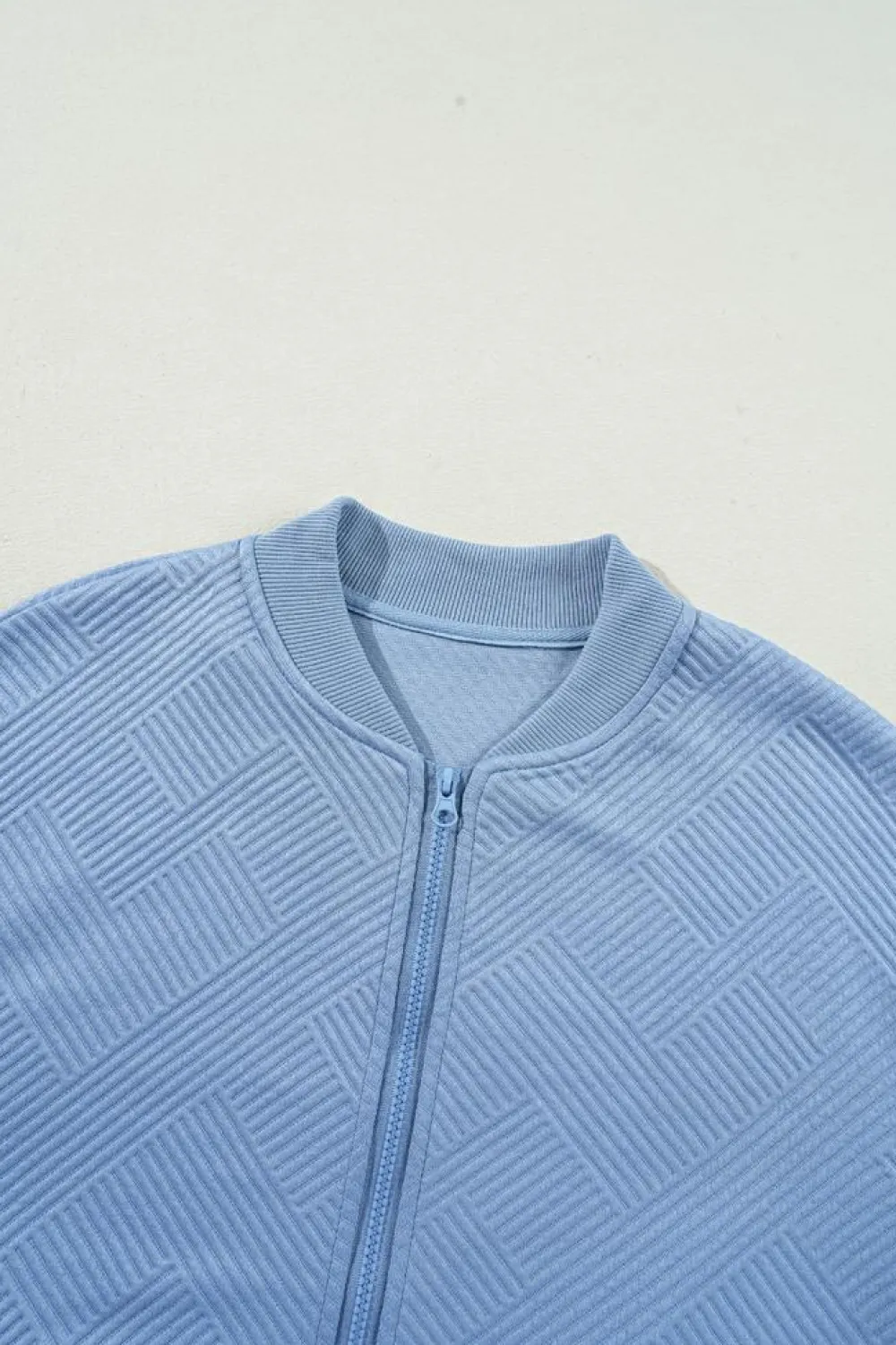 Fashion Dear-Lover Solid Textured Stand Neck Zipper Bomber Jacket Myosotis