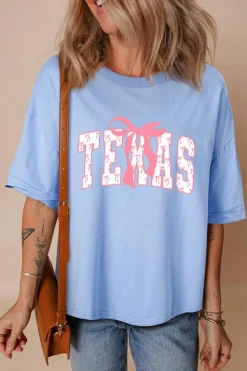Outlet Dear-Lover TEXAS Bow Graphic Half Sleeve Drop Shoulder Loose Tee Myosotis
