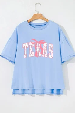 Outlet Dear-Lover TEXAS Bow Graphic Half Sleeve Drop Shoulder Loose Tee Myosotis