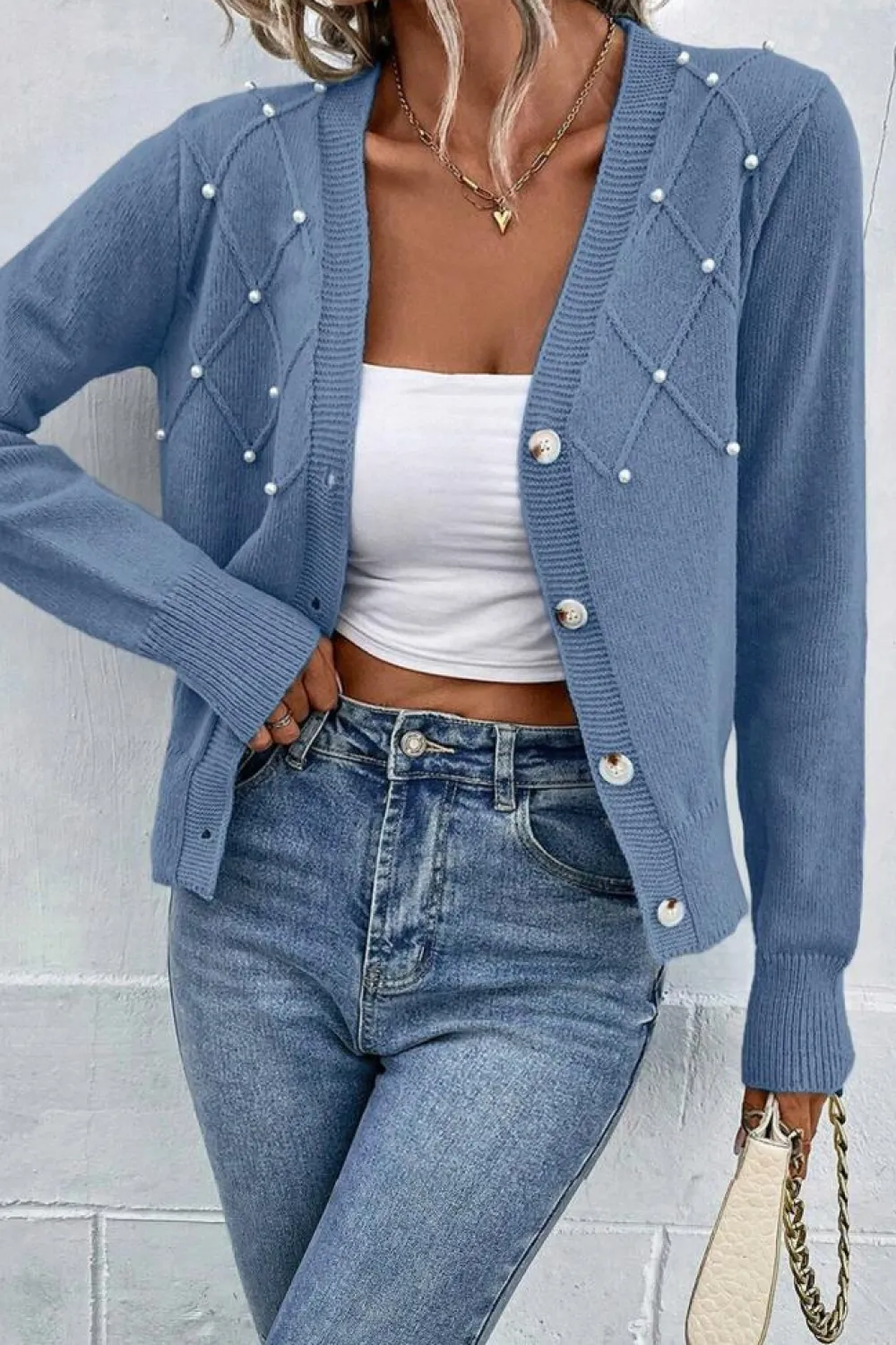 Discount Dear-Lover Textured Knit Pearl Beaded Button Up Cardigan Myosotis
