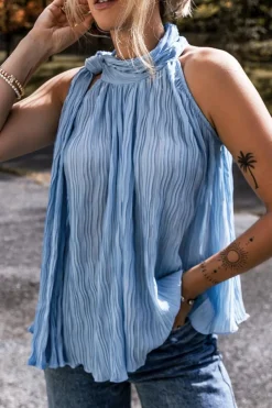 Best Dear-Lover Textured Pleated Tied Mock Neck Flowy Tank Top Myosotis