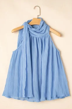 Best Dear-Lover Textured Pleated Tied Mock Neck  Flowy Tank Top Myosotis