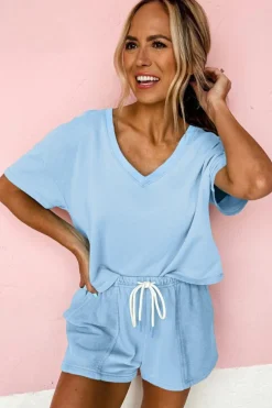 Fashion Dear-Lover V Neck Drop Shoulder Tee and Patchwork Drawstring Shorts Set Myosotis