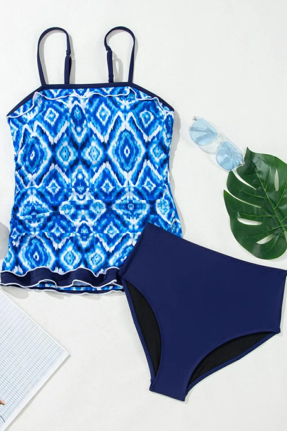Sale Dear-Lover Abstract Print Frilled Trim Spaghetti Straps Tankini Set Navy Blue