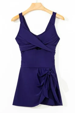 Discount Dear-Lover Adjustable Straps Cutout Ruched Knot Slit One Piece Swim Dress Navy Blue