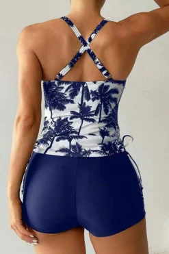 Clearance Dear-Lover Coconut Tree Side Drawstring Crisscross Back Tankini Set Navy Blue