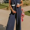 Clearance Dear-Lover Color Block Pocketed T Shirt and Wide Leg Pants Set Navy Blue